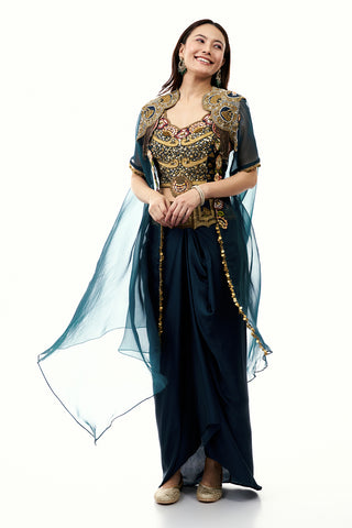 Teal Blue Art Silk Set with Cape and Zari Work