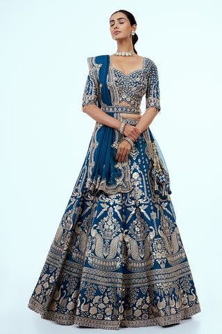 Teal Blue Banarasi Brocade Lehenga with Sequins