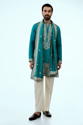 Teal Blue Chanderi Silk Mens Kurta Set in Resham Work with Dupatta