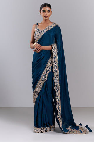 Teal Blue Chiffon Embroidered Saree And Stitched Blouse