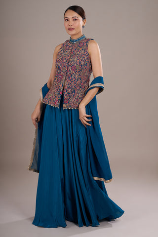 Teal Blue Georgette Sharara Set with Multi-Thread Embroidery