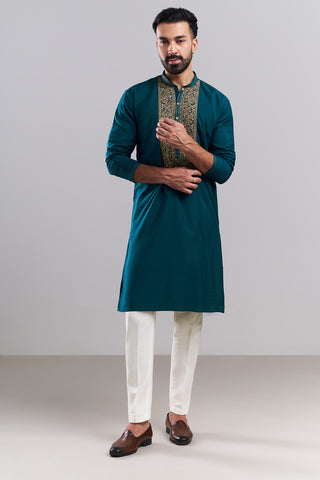 Teal Blue Linen Satin Embroidered Men’s Kurta Set