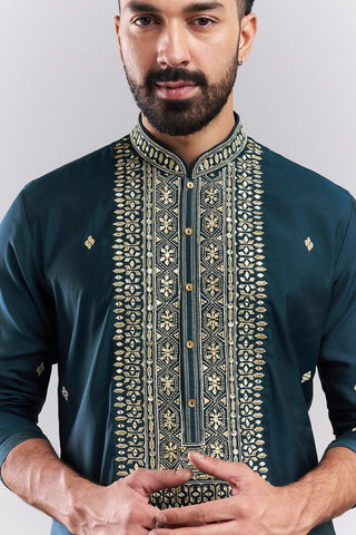 Teal Blue Nokia Silk Embroidered Men’s Kurta Set