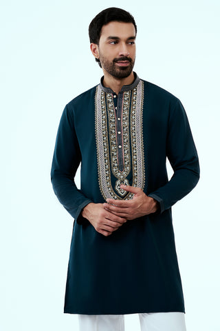 Teal Blue Premium Crepe Mens Kurta Set with Hand Embroidery