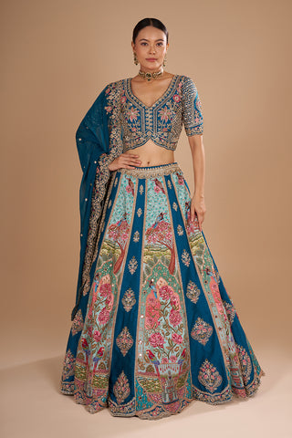 Teal Blue Pure Silk Lehenga Set with 3D Floral Embroidery