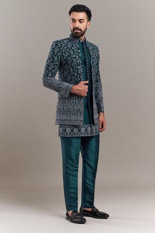 Teal Blue Silk Blend Resham Work Men's Indo-Western Set