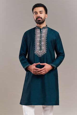 Teal Blue Silk Blend Yoke Panel Men's Kurta Set