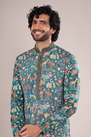 Teal Blue Silk Men's Kurta Set with Multicolour Wildlife-Inspired Threadwork