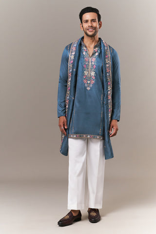 Teal Blue Tussar Silk Mens Kurta Set with Colourful Embroidery