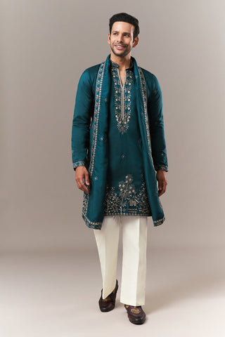 Teal Blue Tussar Silk Mens Kurta Set with Zari and Resham Work