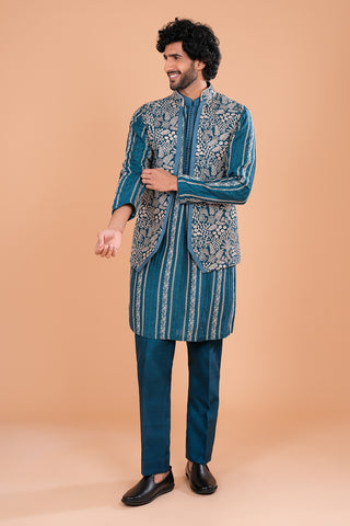 Teal Embroidered Statement Bundi Set