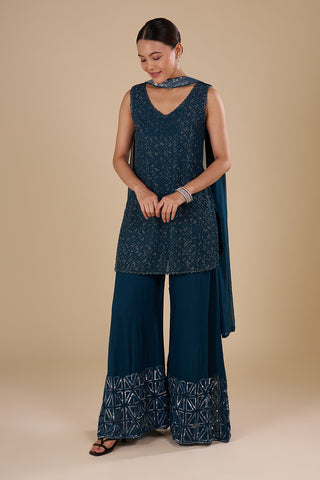 Teal Blue Georgette Embroidered Palazzo Set