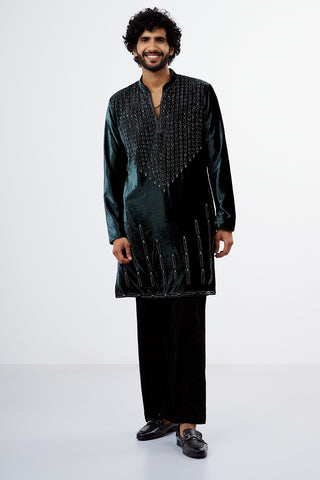 Teal Green Embroidered Velvet Men's Kurta Set