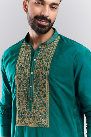 Teal Green Linen Satin Men's Kurta Set with Ornate Yoke