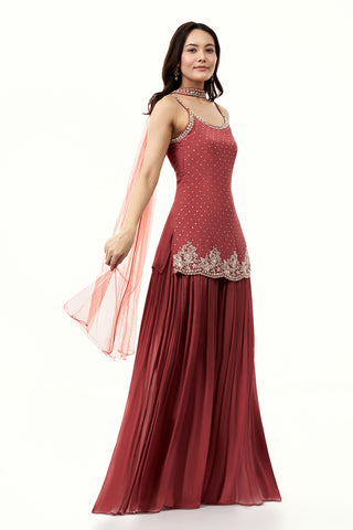Terracotta Brown Chinon Palazzo Set with Sequin Work