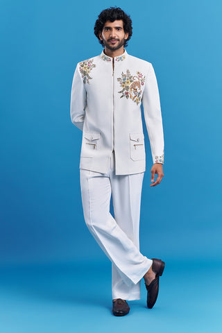 Tiger Motif White Embroidered Bandhgala Suit