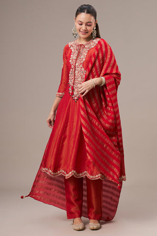 Tomato Red Chinon Sharara Suit with Resham and Cutdana Work