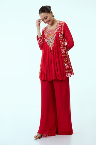 Vermillion Red Chinon Silk Peplum Palazzo Set with Multicoloured Embroidery