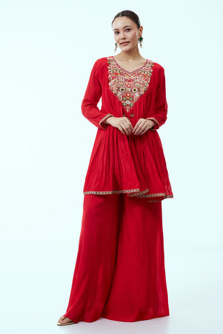 Vermillion Red Palazzo Set with Zardosi Embroidery