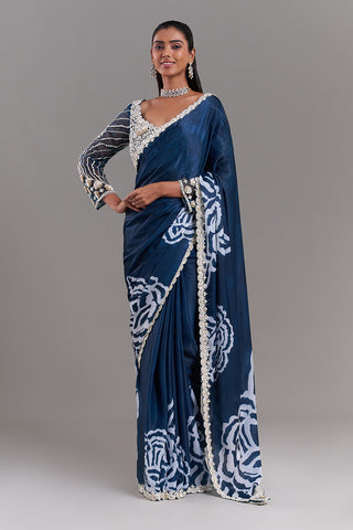 White and Blue Satin Organza Saree with Stitched Blouse