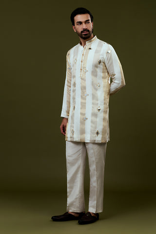 White Base Kurta with Golden and Grey Stripes and Embellished Mirror-Work