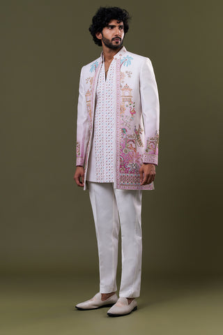 White Cotton Polyester Palace Motif Embellished Jacket Set