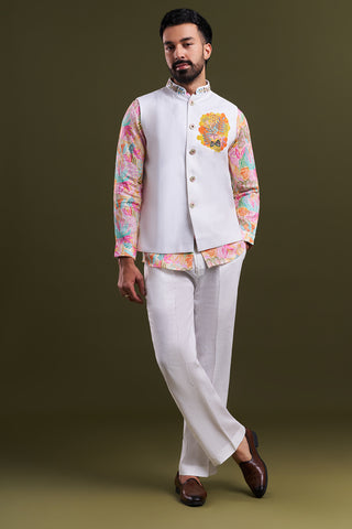 White Cotton Printed Men’s Kurta with Embellished Jacket