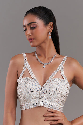 White Dupion Silk Embroidered Blouse with Mirror Work