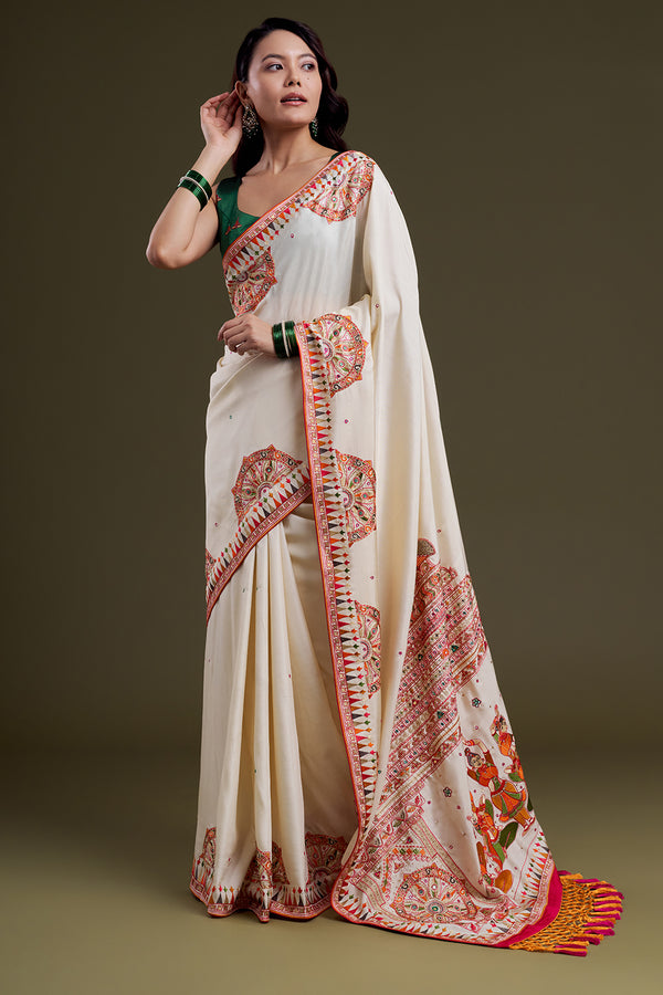 White Folk Silk Embroidered  Saree