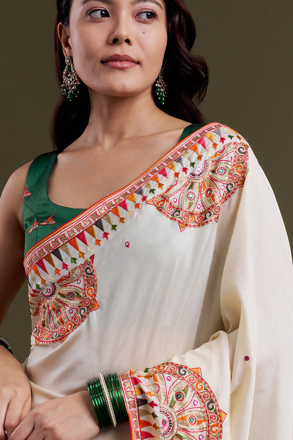 White Folk Silk Embroidered  Saree