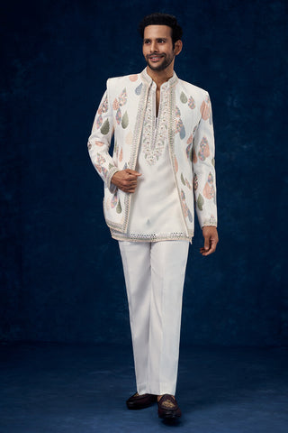 White Raw Silk Mens Jodhpuri Set with Resham and Mirror Work