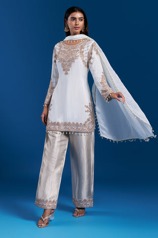 White Kurta Palazzo Set with Cutdana Work