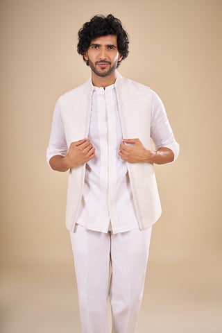 White Linen Embroidered Kurta Set