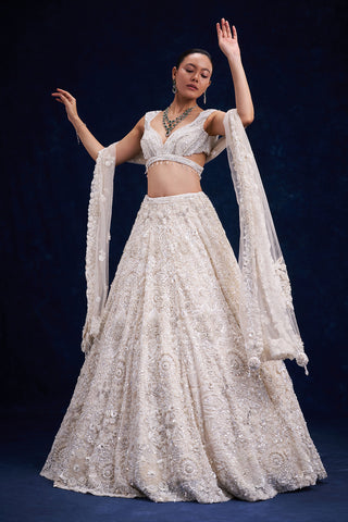 White Net Bridal Lehenga with Pearl and Sequin Work