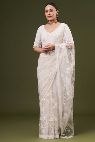 White Net Embroidered Saree with Thread and Sequin Work