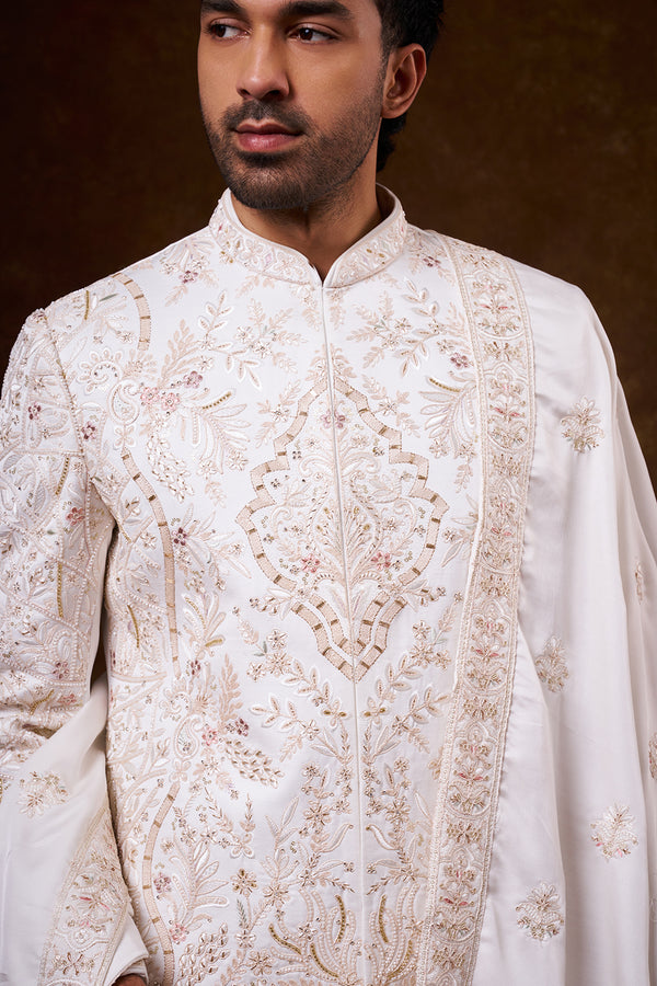 White Nokia Silk Groom’s Sherwani with Botanical Detailing
