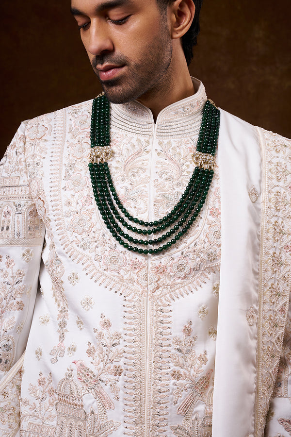White Nokia Silk Groom’s Sherwani with Dori Work