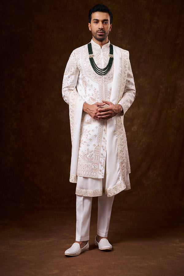 White Nokia Silk Groom’s Sherwani with Dori Work