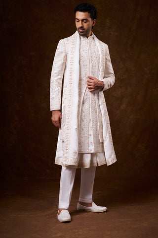White Nokia Silk Groom’s Sherwani with Resham Work