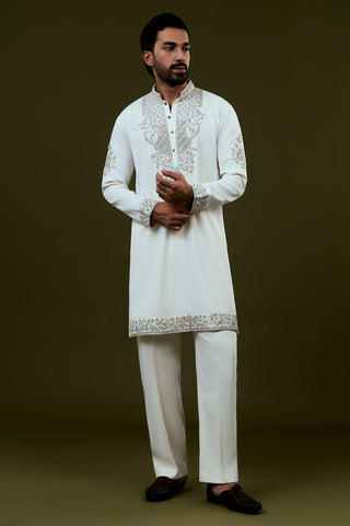 White Premium Crepe Mens Kurta Set with Handwork