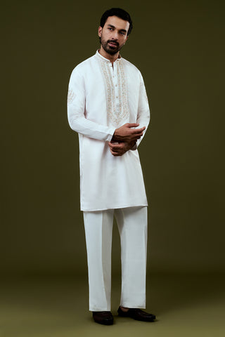 White Silk Mens Kurta Set with Resham and Hand Embroidery