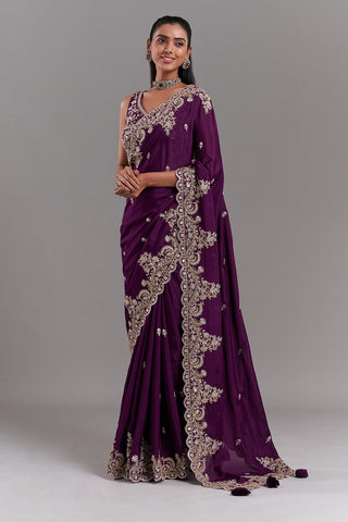 Wine Crepe Embroidered Saree with Stitched Blouse