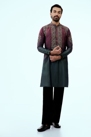 Wine Ombre Tissue Organza Mens Kurta Set with Metal and Resham Work