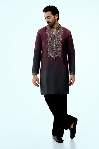 Wine Ombre Tissue Organza Mens Kurta Set with Metal and Zari Work