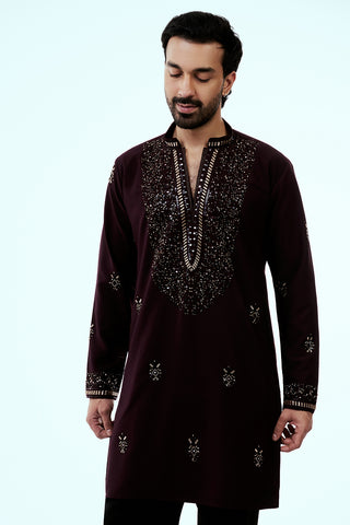 Wine Premium Crepe Mens Kurta Set with Handwork
