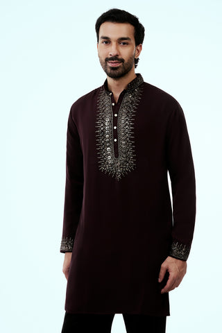 Wine Premium Crepe Mens Kurta Set with Sequins Work