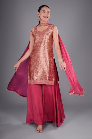 Wine Red Banarasi Brocade Kurta Set with Zari Embroidery
