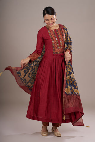 Wine Red Silk Blend Anarkali Suit Set with Resham Work