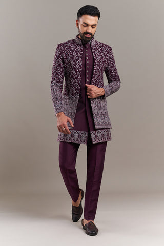 Wine Silk Blend Floral Men's Kurta with Jacket