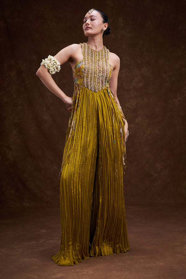 Yellow Art Silk Hand Embellished Jumpsuit